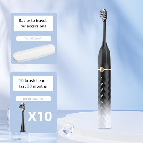 Electric Toothbrush Set, Equipped with 10 Brush Heads and Travel case, IPX8 Waterproof, 2-Minute Timer, 42000 high-Frequency Vibrations, 5 Modes, The First Choice for Gift Giving