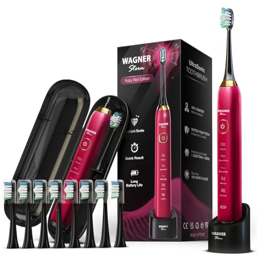 Wagner Stern The Ruby Red Edition ultrasonic whitening Electric Toothbrush Features Five Brushing Modes, Eight Soft Brush Heads, and a Premium Travel case.