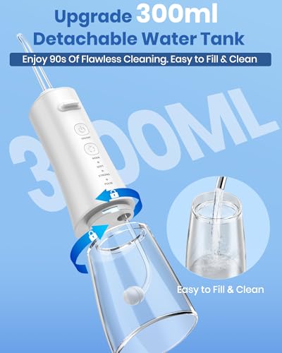 Water Flosser, 300ML Portable Cordless Water Dental Flossers for Teeth Deep Cleaning, IPX7 Waterproof Rechargeable Electric Oral Irrigator Teeth Pick for Travel Home Use and Braces Care (White)