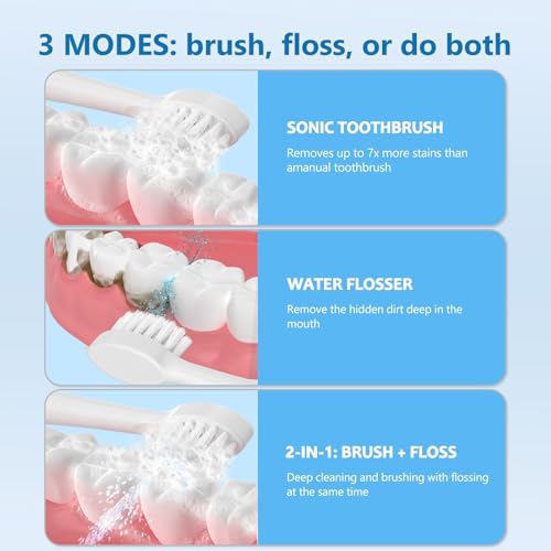 Electric Toothbrush with Water Flosser - Wireless Charging 3 in 1 Flossing Toothbrush - 500ML Professional Cordless Brush and Flosser in One - 5 Brush Modes & 3 Floss Speed (White)