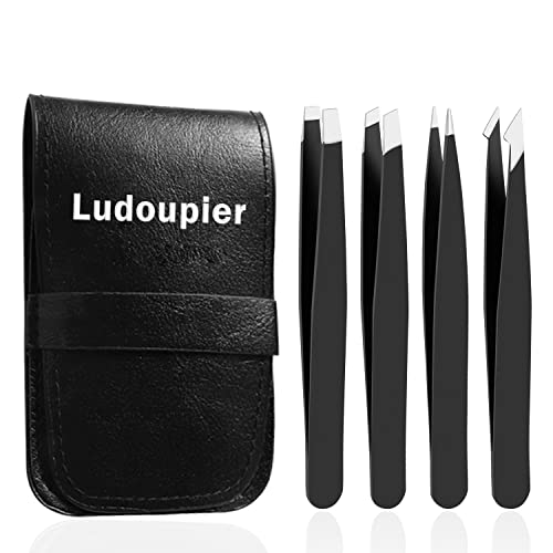 [4+1 Pieces] Tweezers Set with Travel Case, Great Precision Upgrade Professional Anti-rust Alloy Tweezers for Women & Men Multi-purpose as Eyebrows Facial Hair Ingrown Hair Removal
