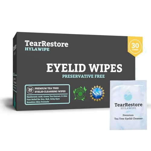 TearRestore Tea Tree HylaWipe Eyelid Wipes - 30 Count | Hydrating Eye Lid Cleanser | Blepharitis Treatment for Eyelids | Eye Lid Cleansing Wipes | Eyes Wipe for Dry, Red, Itchy, And Irritated Eyes