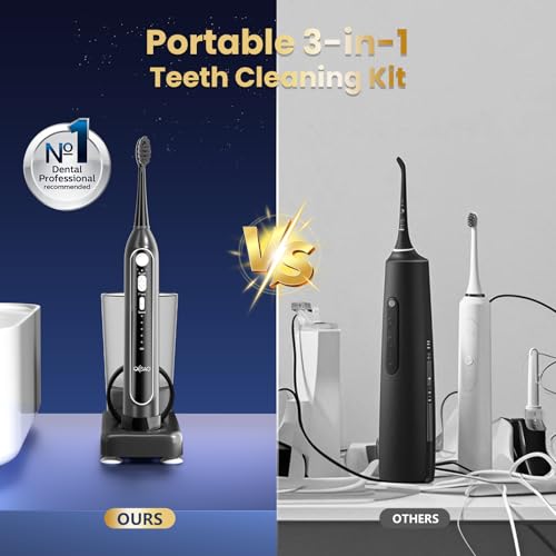 Electric Toothbrush with Water Flosser Combo,5 Flossing Speeds & 3 Brush Modes for Adults,Sonic 2.0 Professional Flossing Toothbrush for Teeth Cleaning,Portable for Travel,30-Day Battery, Black