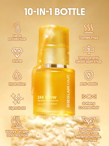 SHEGLAM 24K Glow Hair Oil Serum, 10-in-1 Treatment for Frizz Control, Shine & Heat Protection with Almond & Macadamia Oil, for All Hair Types, 1.69 fl oz