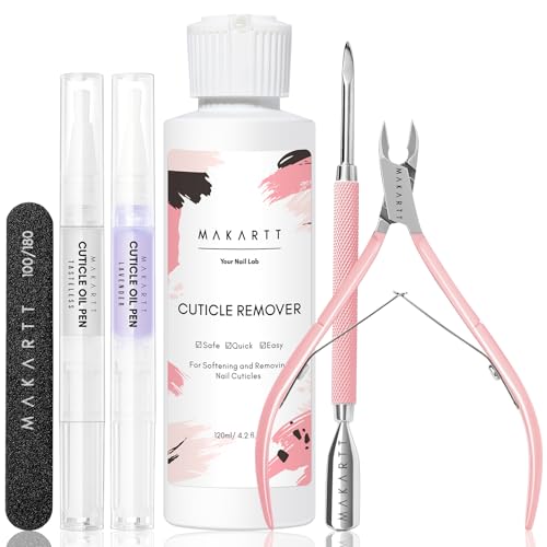 Makartt Cuticle Remover Kit - Nail Care Kit with Cuticle Oil Pen, Cuticle Trimmer, Nail File & 120ml Cuticle Remover Liquid, Nail Manicure Kit for Cuticle Softener & Moisturize