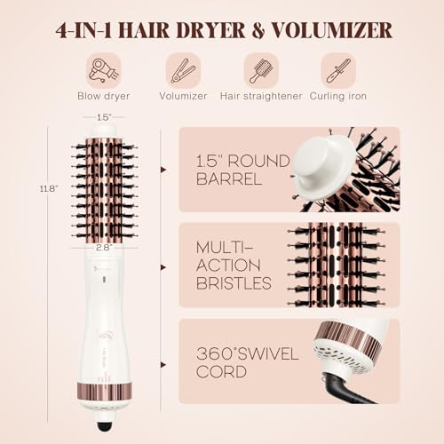 1.5 Inch Barrel Round Brush Blow Dryer (2.8’’ Plus Bristles), Negative Ionic One Step Volumizer Dryer, 4-in-1 Hot air Brush-Not for Europe Travel