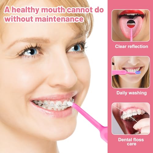 7-in-1 Orthodontic Oral Care Kit with Case – Toothbrush, End Tuft Toothbrush, Dental Mirror, Interdental Brush, Dental Floss and Threaders, Dental Wax, Portable Hygiene Set for Braces Daily Use (Pink)