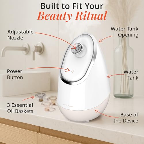 Vanity Planet Aira Ionic Facial Steamer (Beige) - Pore Cleaner That Detoxifies, Cleanses and Moisturizes - Adjustable Nozzle, Water Tank with 3 Essential Oil Baskets