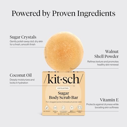 Kitsch Exfoliating Sugar Scrub for Body – All Natural Body Scrub Bar Soap for Smooth, Hydrated & Glowing Skin - Vegan Soap Bar Exfoliator for Men and Women - Made in the USA - 4 oz