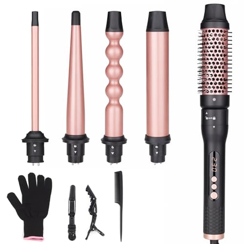 5 in 1 Curling Iron Brush Set with Thermal Brush and 4 Interchangeable Ceramic Curling Wand(0.5”-1.25”), Fast Heating, Dual Voltage, Include Glove