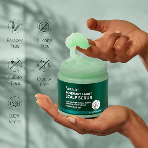 VOERUY Scalp Scrub, Rosemary Scalp Exfoliator Scrub Shampoo, 2-in-1 Scalp Treatment with Mint Oil, Hair Treatment to Clarify and Remove Build Up with Silicone Scalp Massager, 10.6oz/300g