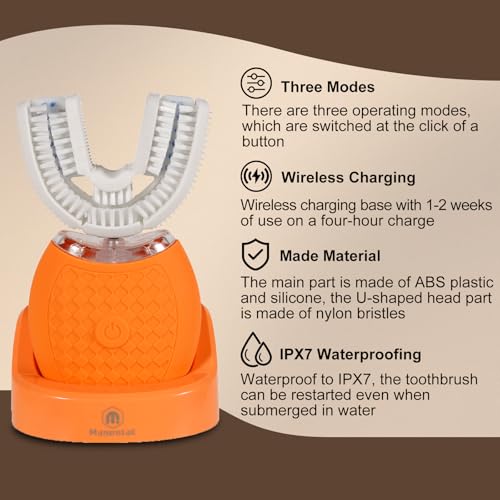 Electric U Shaped Toothbrush for Adult,360 Degree Automatic Cleaning, Ultrasonic Tooth Brush has 23760 Nylon Bristles and 3 Modes Standard, Fast, Ultra Fast(Orange)
