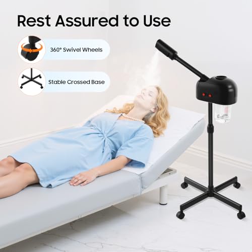 Professional Facial Steamers, Hot Ozone Face Steamer for Facial, Standing Facial Steamer on Wheels, Esthetician Steamer for Salon Beauty and Spa, Mist Face Steamer for Facial Skin Care (Black)