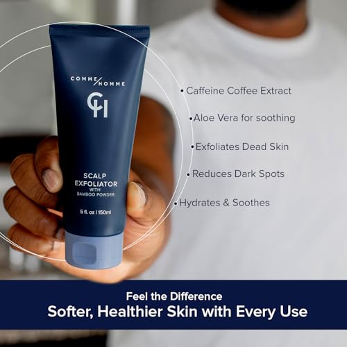Comme Homme Scalp Exfoliator for Bald Men – Detoxifying Pre-Shave Scrub with Bamboo, Glycolic Acid, Aloe & Caffeine – Removes Dead Skin – Anti-Aging – 5 fl oz / 150 ml