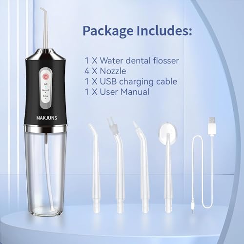 Water Dental Flosser Teeth Pick Portable Cordless Oral Irrigator Rechargeable Travel Irrigation Cleaner 3 Modes 4 Jets IPX7 Waterproof Electric (White)