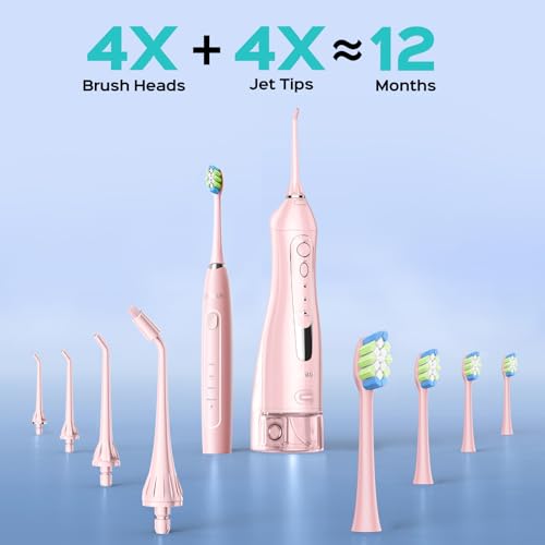 COSLUS Portable Water Flosser with Electric Toothbrush Combo: 2-in-1 Oral Clean Kit for Teeth, Braces, Gums Care - Brushing & Flossing for Adults, Family, Travel Use, BPA-Free, Pink, C20 & C41