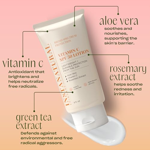 InstaNatural Skin Care Vitamin C SPF 50 Broad Spectrum Sunscreen Lotion, Lightweight, Non-Greasy Moisturizer for Body & Face, UVA, UVB Sunblock, with Aloe Vera & Botanicals, 5 Fl Ounce (Pack of 1)