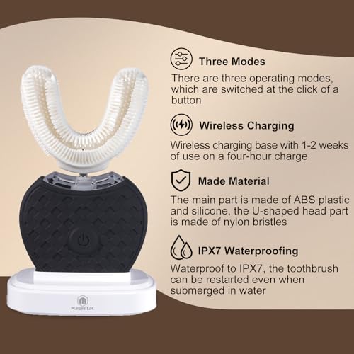 U-Shaped Ultrasonic Toothbrush for Teeth Whitening, Automatic Electric Toothbrush for Adults 360-degree Cleaning, Wireless Charging and IPX7 Waterproof Kit for Travel or Home(Black)