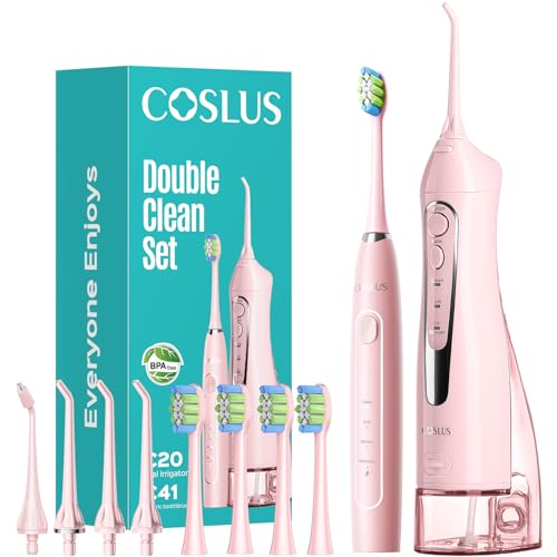 COSLUS Portable Water Flosser with Electric Toothbrush Combo: 2-in-1 Oral Clean Kit for Teeth, Braces, Gums Care - Brushing & Flossing for Adults, Family, Travel Use, BPA-Free, Pink, C20 & C41