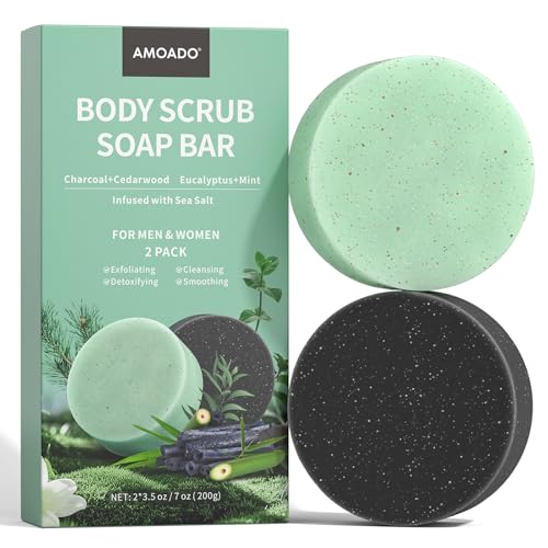 Exfoliating Body Scrub Soaps, 2 Pack Eucalyptus＋Charcoal Exfoliating Soap Bar for Men & Women - Smooth & Soften Skin, Detoxify, Body Exfoliator Bar with Dead Sea Sand