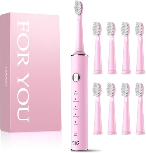JTF Sonic Electric Toothbrush for Adults & Kids: 5 Modes for Sensitive Teeth, Effective Yet Gentle Cleaning - with 8 Brush Heads & Smart Timer, Rechargeable Portable for Daily Care, Home & Travel Use