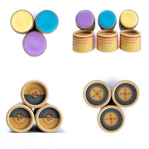 Colorful Zinc Sunscreen Sticks • All Natural • Non-Toxic • Reef Safe • Non-Staining • Plastic-Free Packaging, yellow, blue, and purple