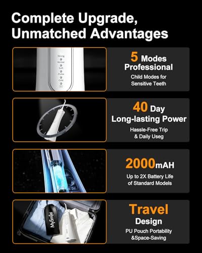MySmile LP211 Water Flosser Cordless for Teeth, 5 Modes Portable Oral Irrigator, 260ML Water Dental Picks for Sensitive Teeth Cleaning, IPX7 Travel Rechargeable Water Flossing &2 Teeth Wipes