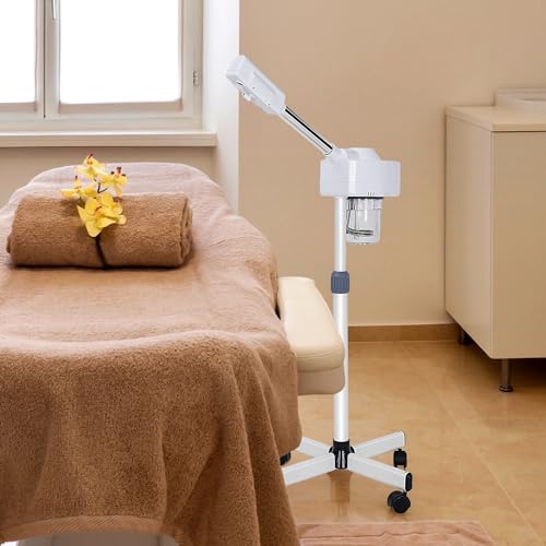 Professional Facial Steamer for Face Professional Deep Cleansing with Hot Mist Function Stand on Wheel, High Frequency for Home Spa Salon Beauty Skin Care, White