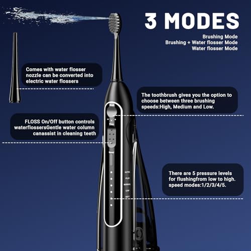 Electric Toothbrush with Water Flosser,Portable Flossing Toothbrush White 8 Mode,IPX8 Waterproof,Equipped Brush Head and Nozzle,for Travel and Home-Black