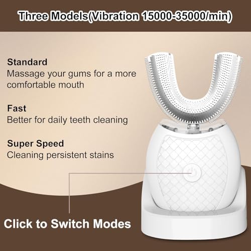 Electric Toothbrush for Adults, U Shaped Automatic Toothbrush for 360-degree Cleaning, 3 Modes for Whitening, Wireless Charging Kit for Travel or Home(White)