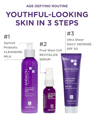 Andalou Naturals Age Defying Ultra Sheer Daily Defense Mineral Sunscreen SPF 30 | Face Lotion with Zinc Oxide | Lightweight Anti-Aging Sun Protection | 2.7 fl oz