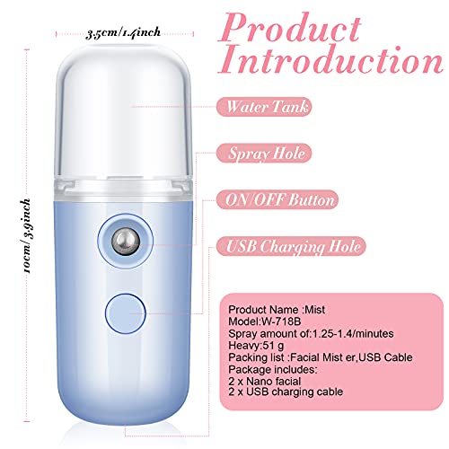 Honoson 2 Nano Facial Mister Sprayer Portable Face Nano Mister for Eyelash Extensions USB Rechargeable 1 oz Handy Skin Care Machine for Face Hydrating, Daily Makeup(White and Blue)