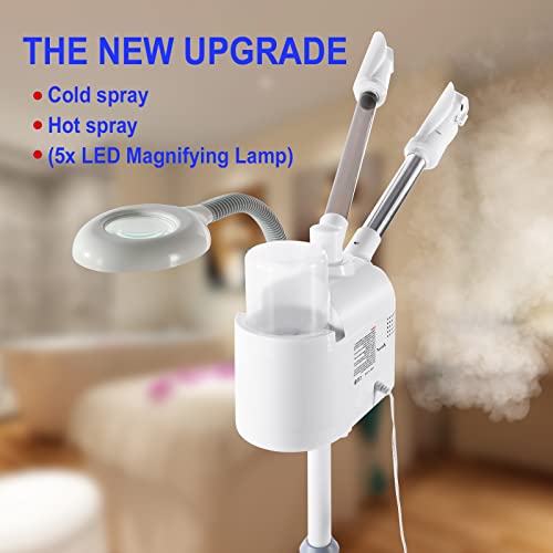 Professional Facial Steamer 3 in 1 Steamer for Face with Hot & Cold Nozzle 5X LED Magnifying Lamp Facial Steamer for Esthetician Beauty Face Equipment Use at Home or Salon