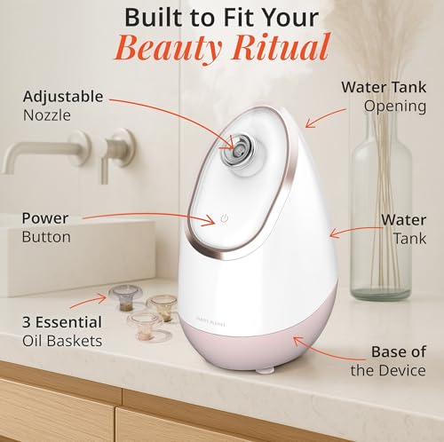 Vanity Planet Aira Ionic Facial Steamer (Rose Gold) - Pore Cleaner That Detoxifies, Cleanses and Moisturizes - Adjustable Nozzle, Water Tank with 3 Essential Oil Baskets