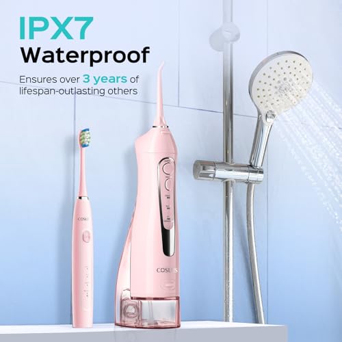 COSLUS Portable Water Flosser with Electric Toothbrush Combo: 2-in-1 Oral Clean Kit for Teeth, Braces, Gums Care - Brushing & Flossing for Adults, Family, Travel Use, BPA-Free, Pink, C20 & C41