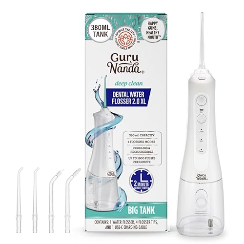 GuruNanda Water Dental Flosser 2.0 XL – 380ML Large Tank, 4 Flossing Modes, Cordless & Portable with Smart Timer for Deep Cleaning & Happy Gums - White