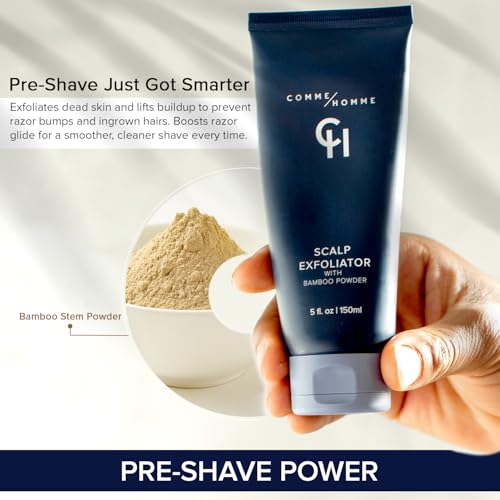 Comme Homme Scalp Exfoliator for Bald Men – Detoxifying Pre-Shave Scrub with Bamboo, Glycolic Acid, Aloe & Caffeine – Removes Dead Skin – Anti-Aging – 5 fl oz / 150 ml