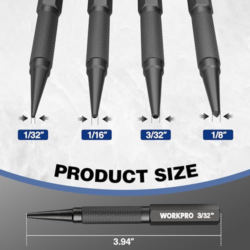WORKPRO 4-Piece Nail Punch and Center Punch Set, Hardened Cr-V Steel with Knurled Grip,1/32", 1/16", 3/32" Nail Setter & 1/32" Center Punch Tool