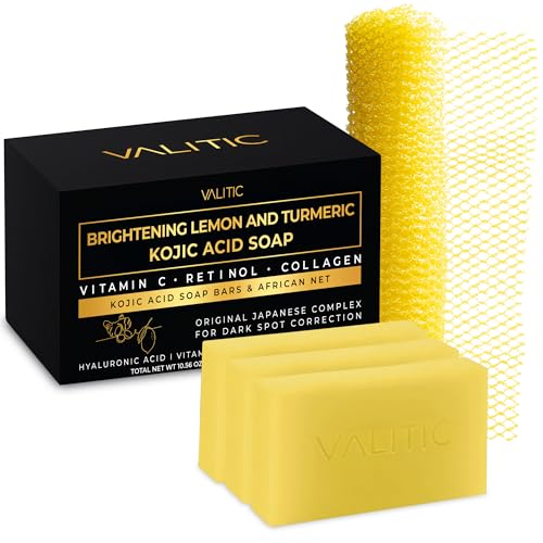 VALITIC Brightening Lemon & Turmeric Kojic Acid Soap, Vitamin C, Retinol - Original Japanese Complex with Hyaluronic Acid, Vitamin E, Shea Butter, Castile Olive Oil - 3 Pack Bundle with African Net