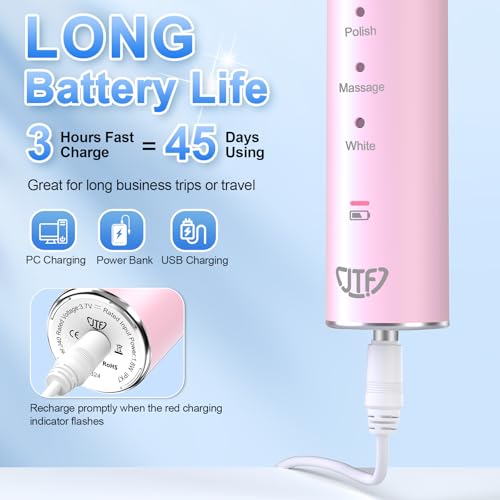 JTF Sonic Electric Toothbrush for Adults & Kids: 5 Modes for Sensitive Teeth, Effective Yet Gentle Cleaning - with 8 Brush Heads & Smart Timer, Rechargeable Portable for Daily Care, Home & Travel Use