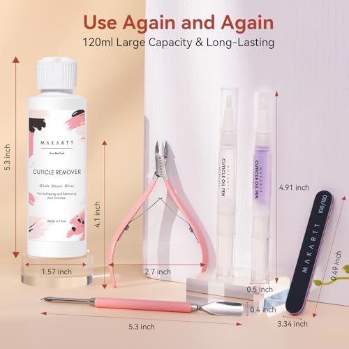 Makartt Cuticle Remover Kit - Nail Care Kit with Cuticle Oil Pen, Cuticle Trimmer, Nail File & 120ml Cuticle Remover Liquid, Nail Manicure Kit for Cuticle Softener & Moisturize