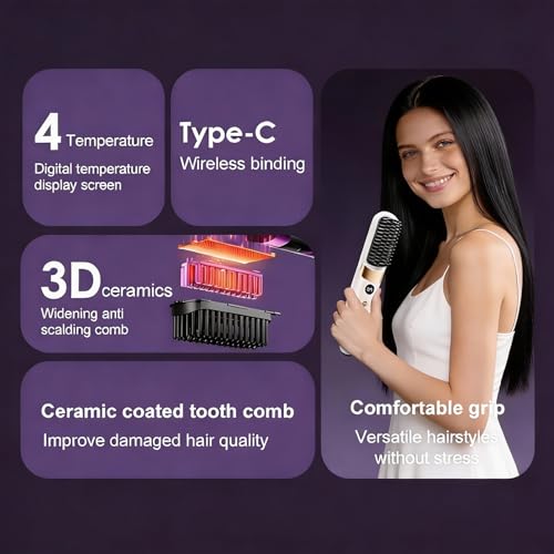Brush Pro, Portable Wireless Straight Hair Comb, Straightener Brushs for Travel with LCD Temperature Display, Hair Straightener Fast Heating Cordless Mini Hair Brushs (Black)