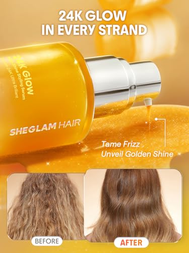 SHEGLAM 24K Glow Hair Oil Serum, 10-in-1 Treatment for Frizz Control, Shine & Heat Protection with Almond & Macadamia Oil, for All Hair Types, 1.69 fl oz