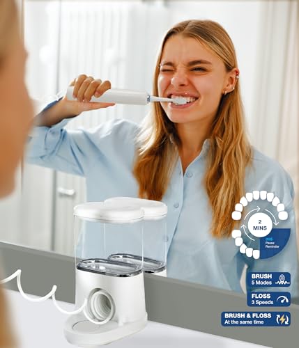 Electric Toothbrush and Water Flosser - Water Flossers for Teeth Electric Cleaning Brush with 5 Replacement Brush Heads, 5 Brush Modes, 17 Oz, 3 Stage Floss Tooth Brush 3 in 1 Teeth Cleaning Kit