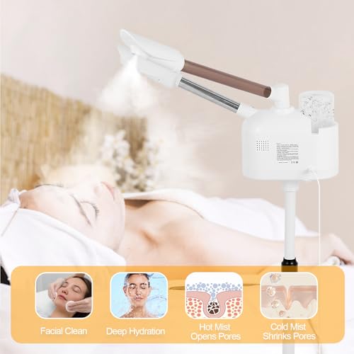 Professional Facial Steamer, 2 in 1 Facial Steamer with Ozone and Hot & Cold Mist for Facial Deep Cleaning and Hydration, Esthetician Steamer on Wheels, Ideal for Spa, Salon and Home Use