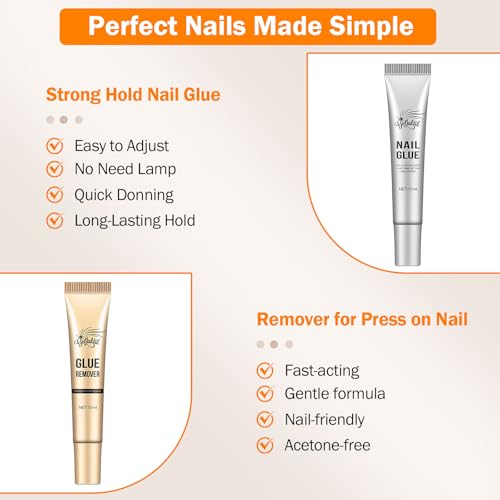 10g Nail Glue for Press On Nails - Super Strong, Quick Drying, Long Lasting Adhesive for Fake Acrylic Nails & Tips, No UV Light Needed, Includes Nail Glue Remover for Press On Tips