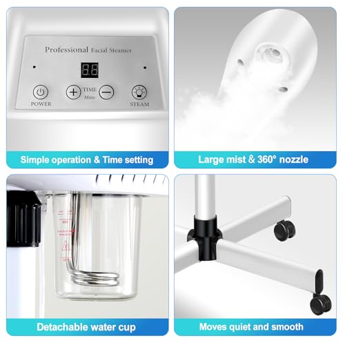 Professional Facial Steamer, Esthetician Steamer on Wheels with Hot Mist, Stand Face Steamer for Facial Deep Cleaning, Steamer for Facial for Personal Care or Spa, Moisturizing and Hydrating, White
