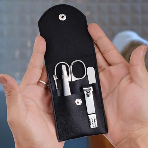 Travel Manicure Set Professional Nail Clipper Kit-5 Pieces Stainless Steel Manicure Kit, Women Men Grooming kit With Nail Care Tools Beauty Scissors Tweezers (Silver Black)