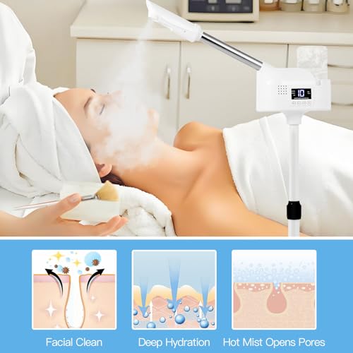 Facial Steamer, Hot Mist Spray, Face Steamer on Wheels, SPA Ozone Steamer Standing Face Steamer for Spa, Salon and at Home Use