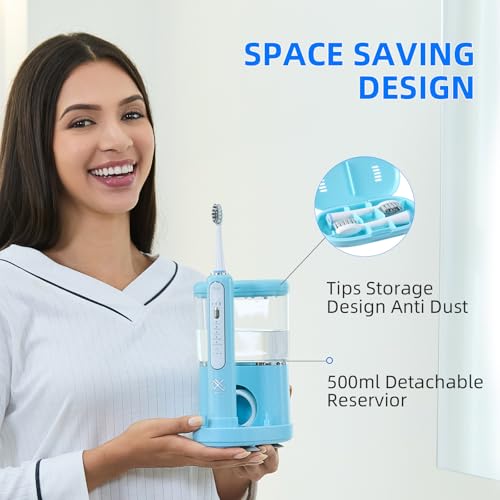 Professional Flossing Electric Toothbrush with Water Flosser, Water Flossers for Teeth 2 in 1 Toothbrush and Water Flosser Combo, Sonic Electric Toothbrush Cordless Flossing Brush (Blue)